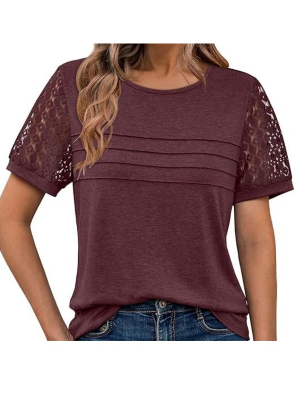 Automet Short Sleeve Lace Summer Top Casual Women Size L Wine Red NEW